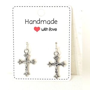 Dainty Cross Dangle Earrings in Antiqued Silver Finish